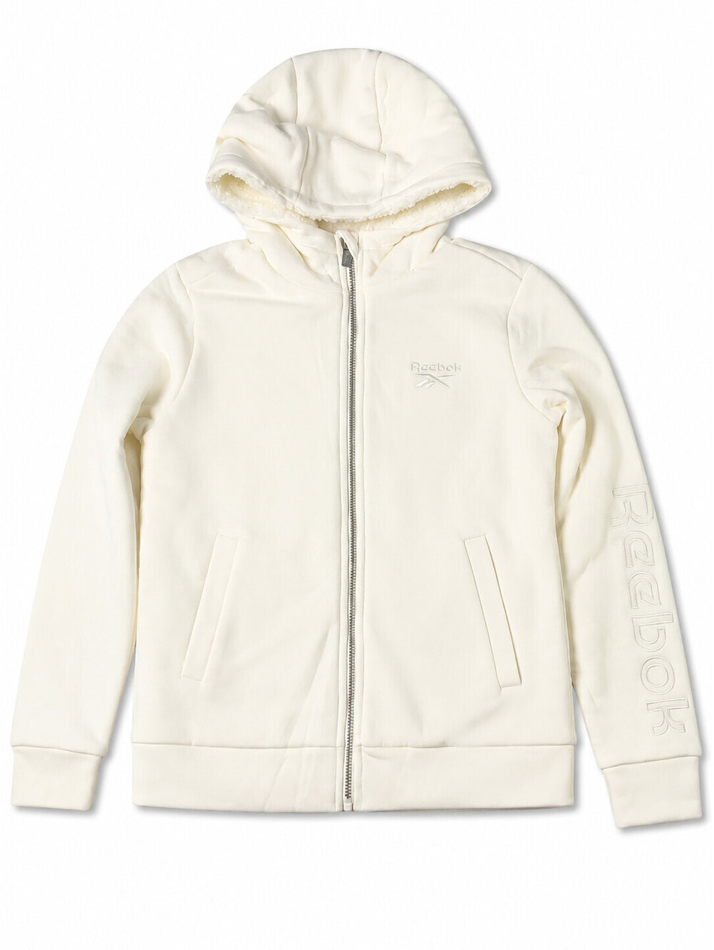 Reebok Women’s Small Cream Fleece Full Zip Hooded Jacket Silver Logo NWOT